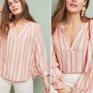Anthropologie Peach and White Striped peasant boho Blouse. Sz XS.